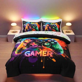 Meeting Story Game Comforter Set for Boys, Full Size 5-Piece Gaming Bedding Sets for Kids Teens, Colorful Video Game Gaming Quilt with Two Pillowcases(Black)