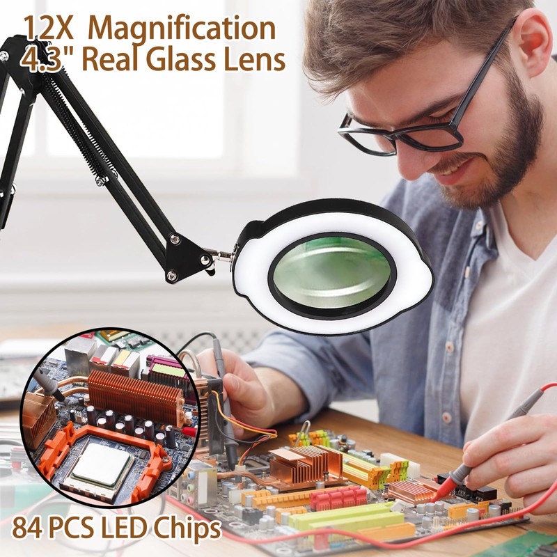 VUEJIC 12X Magnifying Glass with Light and Clamp, Magnifier with