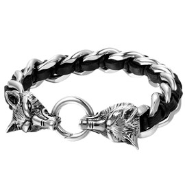 OIDEA Men's Viking Wolf Head Bracelet: Skull Skull Made of Leather Stainless Steel Wolf Dragon Head Viking Wrist Jewellery Gift for Men Family Friend, Stainless Steel Leather, without stone