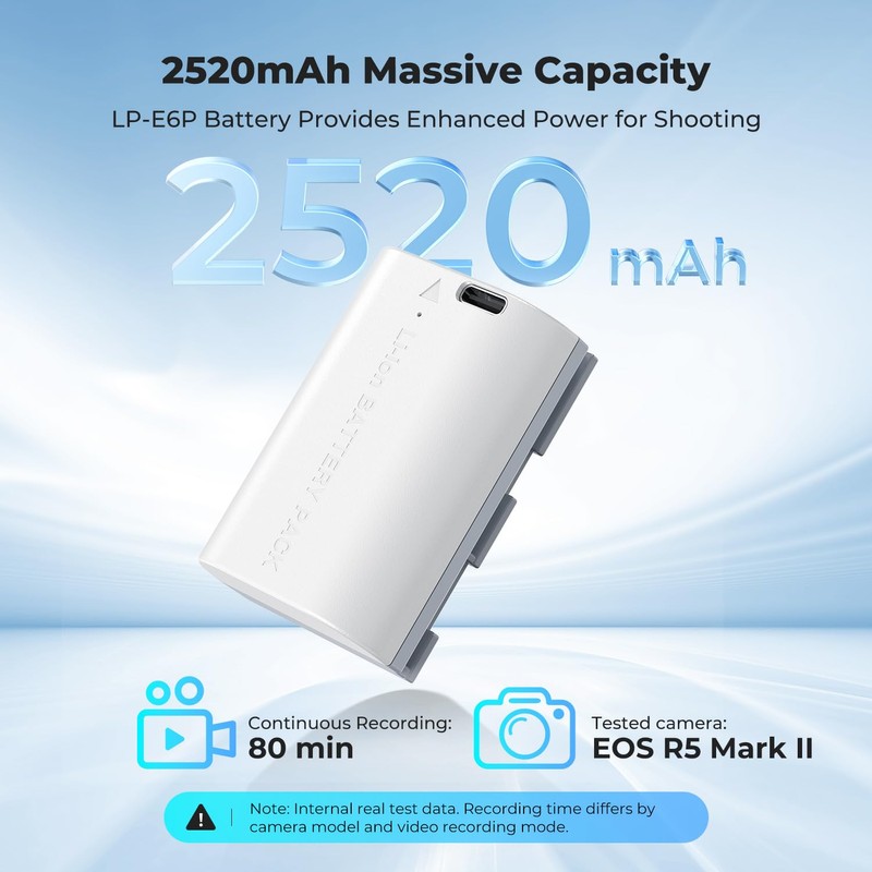 K&F CONCEPT LP-E6P Battery, 2520mAh USB-C R6 Mark III Battery