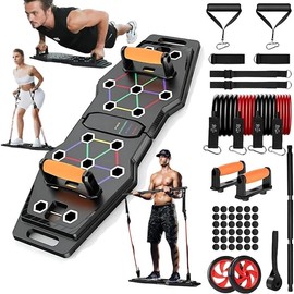 Push Up Board - Portable 25-In-1 Push Up Board for Men with Resistance Bands & Ab Roller Wheel, Professional Strength Training Equipment - Color: Black Red