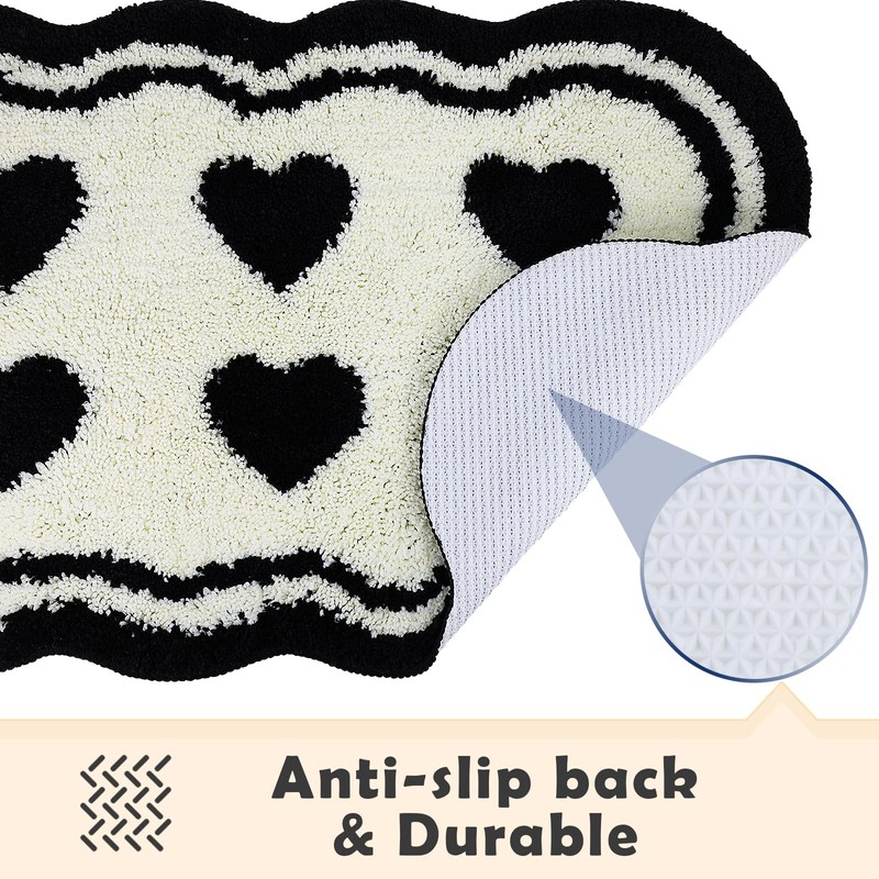Bazasa Bath Mat Washable Non-Slip White Black Heart Funny Bath