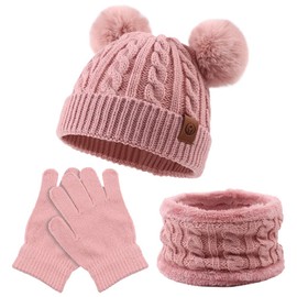 Zsedrut 3 PCS Kids Winter Beanie Hat Round Scarf Gloves Set Thick Twist Knit Warm Toddler Winter Cap Gloves Neck Warmer for Boys Girls 1-8 Years(Skin Pink)