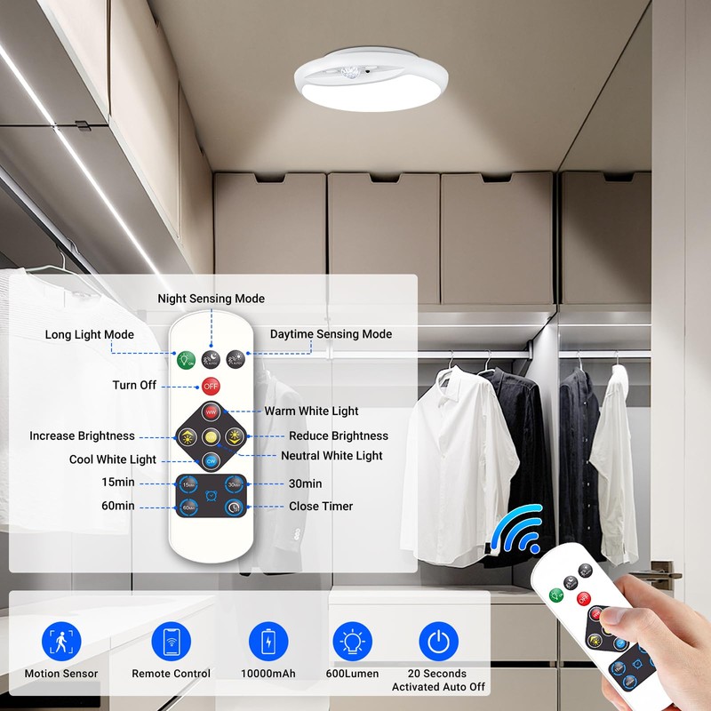 GONDSILY Rechargeable Motion Sensor Ceiling Light with Remote,Battery Powered Wireless