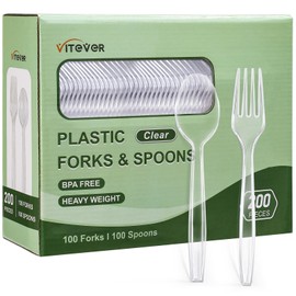 VITEVER [200 Count] Heavy Duty Plastic Silverware Set - 100 Forks and 100 Spoons for Parties - Clear