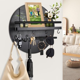 YUNYODA Key Holder for Wall, 30 * 4cm Key Rack with Shelf and 6 Key Hooks, Wooden Key Holder Rustic Key and Mail Organizer, Round Apartment Wall Decor for Entryway Mudroom Hallway Office