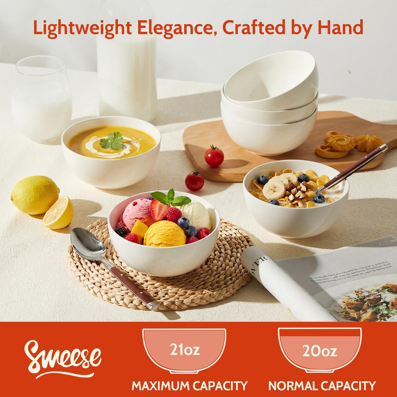 Sweese Porcelain Bowls Set of 6, 20oz Lightweight Round Cereal