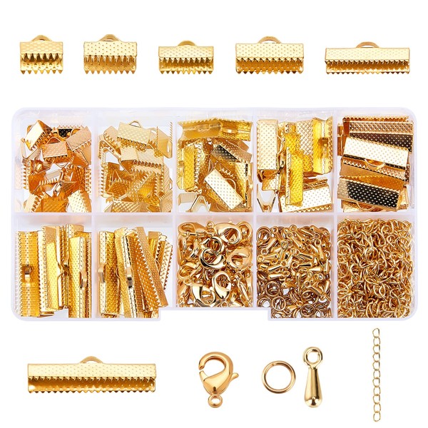 PH PandaHall Approximately 410 pieces jewellery clasps kit – 10 styles of jewellery accessories, ribbon clip, lobster clasps, jump rings, extension chain and teardrop charms, gold