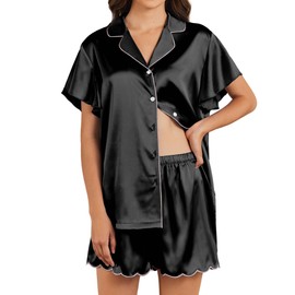 Ekouaer Women's Classic Button Down Ruffle Sleeves Short Satin Silk Pajama Set,Medium,Black