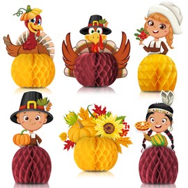 SHERONV Autumn Thanksgiving Decorations, 6Pcs Thanksgiving Day Honeycomb Centerpieces, 3D Turkey Pumpkin Honeycomb Ball Table Decors for Indoor Outdoor Fall Thanksgiving Day Party Events