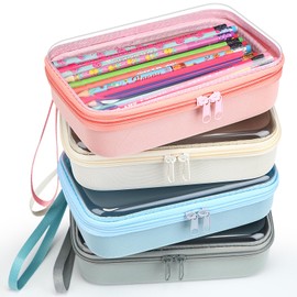 Gaillty 4 Pcs Clear Hard Plastic Zipper Pouches Pencil Case Hard Shell Plastic Case Large Transparent Pencil Box Portable Travel Organizer for Office Cosmetics(Beige, Orange, Dark Blue, Green)