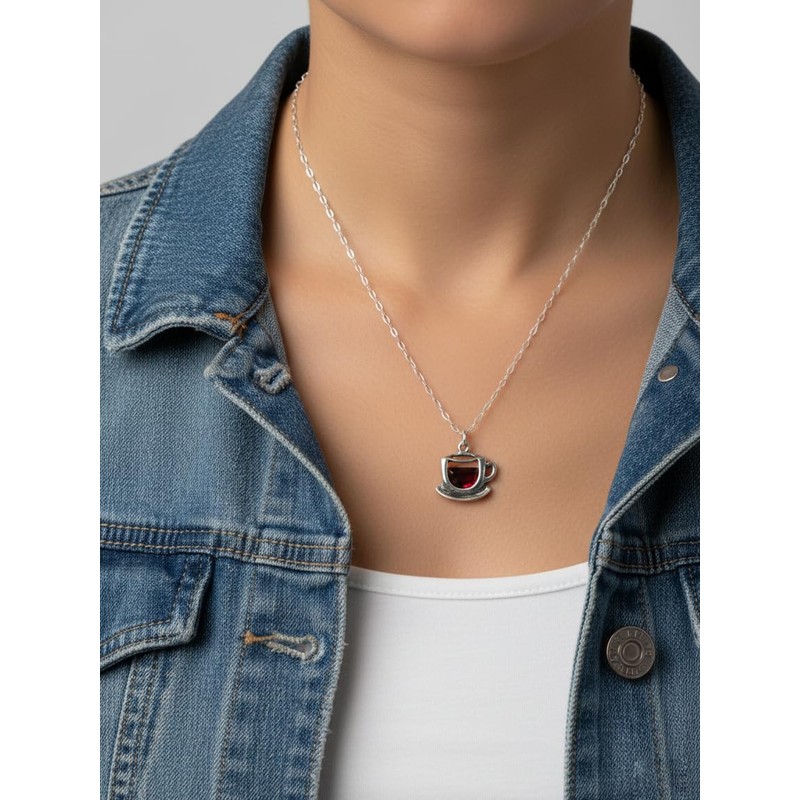 EnCharmed Sterling Silver Coffee Cup Charm Necklace with Red Cubic