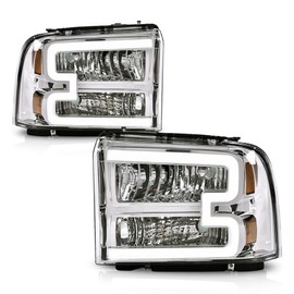 GRAND ORANGE LED DRL BAR Headlights Assembly Compatible with 2005 Ford Excursion/Fit 05-07 Ford F250 F350 F450 F550 Super Duty Head Lamps Clear Chrome Amber