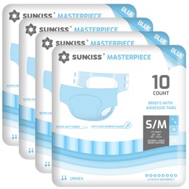 SUNKISS Masterpiece Adult Diapers with Tabs, Unisex Disposable Incontinence Briefs for Women and Men, Odor Control, Blue, S/M, 40 Count (4 Packs of 10)