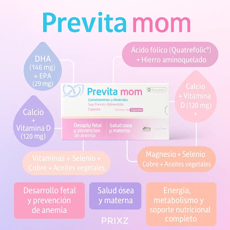 Suplemento Alimenticio Previta Mom Vitaminas Minerales 30u Sabor