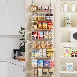 Delamu Over the Door Pantry Organizer, Adjustable 8-Tier Pantry Door Organizer, Metal Cabinet Door Organizer, Over the Door Organizer, Kitchen Pantry Organizers and Storage, White