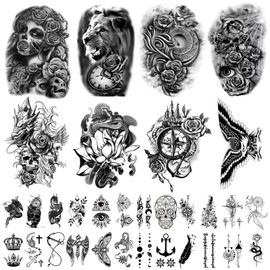 Large Eagle Fake Tattoo Stickers for Men Women, 32 Sheets Skull Flower Waterproof Temporary Tattoos, 8 Sheets Animals Body Tattoo for Arms Legs, 24 Sheets Tiny Black Tattoos
