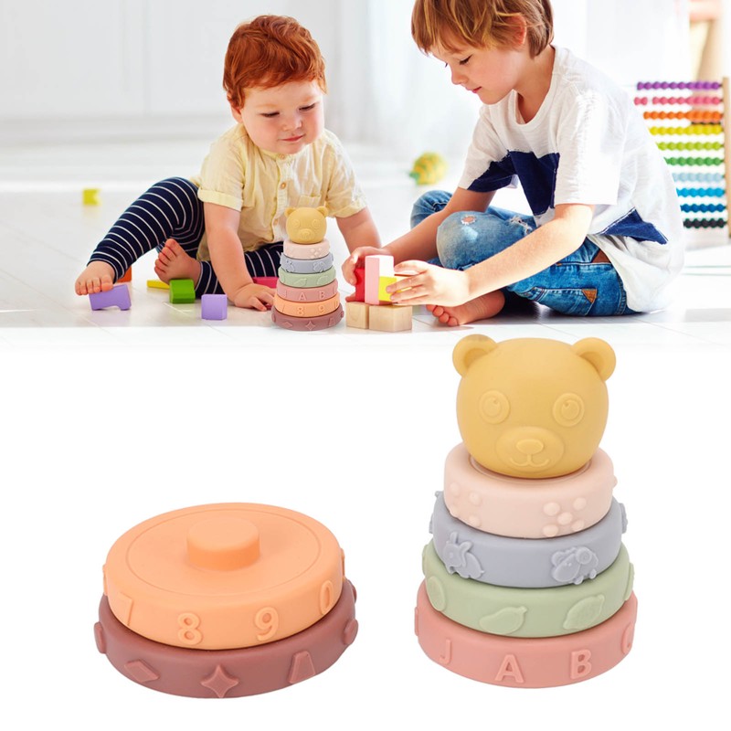 6 Pcs Soft Sensory Stacking Circle Toys with Bear Stacker