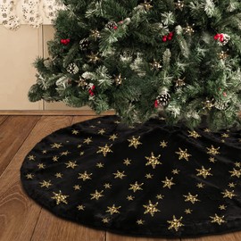 DegGod Plush Christmas Tree Skirts, 36 inches Luxury Black Faux Fur Xmas Tree Base Cover Mat with Gold Snowflakes for Xmas New Year Home Party Decorations (36 inches, Black Gold)
