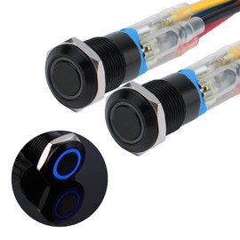 JIQI 2 x 12 mm Locking Pressure Switch 12 V to 24 V 2 A Waterproof Self-Holding Black Push Button Switch Made of Metal LED Illuminated Latch On/Off Switch with IP66 1NO for Motorcycle Boat Truck RV