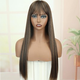Creamily Long Brown Wig with Bangs for Women Straight Synthetic Wig with Bangs Heat Resistant Layered Natural Looking Wigs for Daily Party Use 26 Inch （Deep Brown with Caramel Highlights）