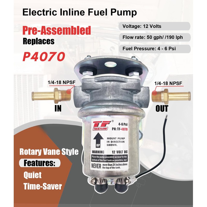 P4070 replacement Electric Fuel Pump 12V 4-6 4-8 Psi fuel