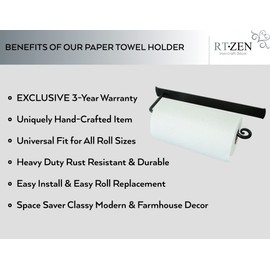 RTZEN Black Paper Towel Holder Wall Mount - Handcrafted Rustic Decorative Wrought Iron Decor - Farmhouse Paper Towel Holder for Kitchen or Wall Paper Towel Holder for Bathroom