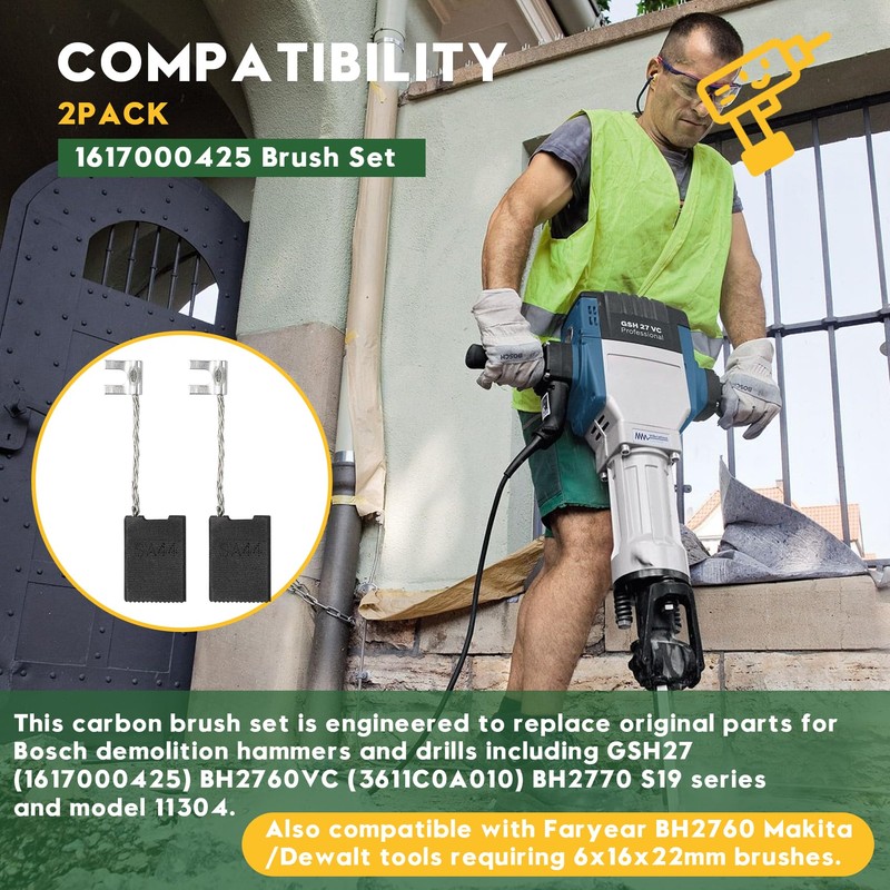 1617000425 Carbon Brush Set 6x16x22mm Compatible with Bosch GSH27, BH2760,