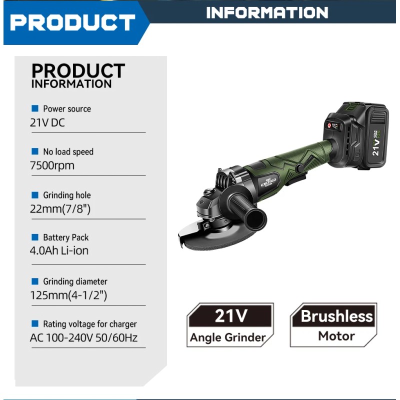 Excited Work 20V Cordless Angle Grinder, 7500RPM Brushless Motorwith 2PCS