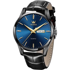 OLEVS Men Wrist Watches for Men Blue dial Black Leather Big Face Analog Quartz Calendar Day Date Waterproof Luminous Male Luxury Casual
