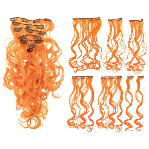 SWACC 7 Pcs Full Head Party Highlights Clip on in Hair Extensions Colored Hair Streak Synthetic Hairpieces (20-Inch Curly, Orange)