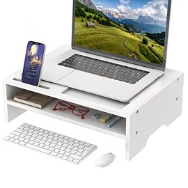 Monitor Stand Riser with Storage Organizer Desktop with Cooling Holes Bamboo Laptop Riser Shelf for Office and Home Use 16.7x11.8x5 inch (White)