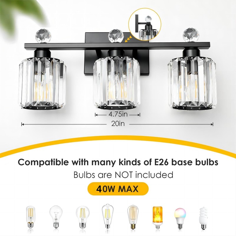 KunruiTAI 3-Light Black Modern K9 Crystal Vanity Lights, Black Bathroom