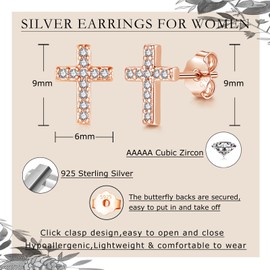 Zolkamery Silver Stud Earrings, Small 925 Sterling Silver Cross Studs, Zirconia Silver Stud Earrings for Women, Mini Rose Gold Plated Hypoallergenic Studs Earrings, Neutral Sleeper Earrings for Men