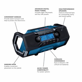 BOSCH GPB18V-2CN 18V Compact, Portable Jobsite Radio with Bluetooth 5.0, 100 Ft. Range, 120V AC/DC Power Adapter Included