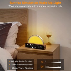 AFEXOA Sunrise Alarm Clock, Wake Up Light with Sunrise Simulation, White Noise Machine, Touch Control Bedside Lamps Dimmable Multicolor Night Light, 10 Nature Sounds, Snooze/Timer/Temperature Display