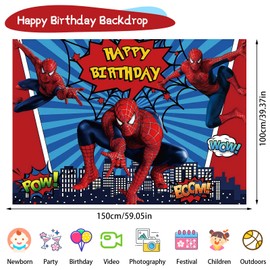 5x3FT Spider Party Birthday Backdrop, Spider Birthday Decorations Photography Backdrop, Theme Party Supplies Happy Birthday Banner, Kids Birthday Party Decorations for Boys Girls