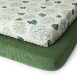 Muslin Mini Crib Sheets, Pack and Play Sheets Fitted, Pack N Play Mattress Sheets for Baby Girls and Boys, Soft and Breathable, Boho Baby Girl Nursery Decor, 2 Pack (Monstera Leaves&Dark Green)