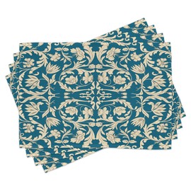 Ambesonne Chinese Place Mats Set of 4, Far Eastern Scroll Pattern with Floral Curls Oriental Flourish, Washable Fabric Placemats for Dining Room Kitchen Table Decor, Petrol Blue and Cream