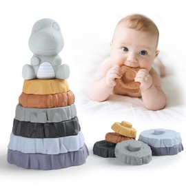 Yrkidstoi Baby Stacking Toys, 7 Pcs Soft Ring Stacker Teething Toys with Dinosaur, Nesting Circles Sensory Learning Toys Gift for 6+ Months Infant Toddler Boys Girls