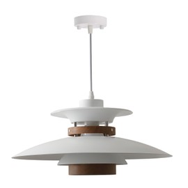 EFINEHOME Modern Decor Adjustable Pendant Lamp Kitchen Island, Aluminum and Wood Finish,1-Light E26 Base Ceiling Hanging Light for Dining Room Shop Restaurant (White+Dark Wood Grain, 40cm)