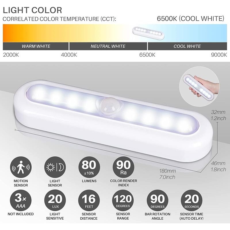3 Pack 7” Motion Sensor Lights Indoor Battery Operated, Stick