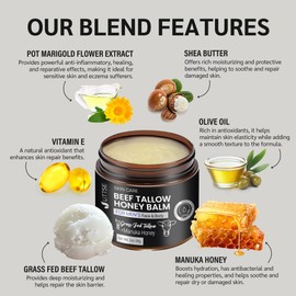 Uttse Beef Tallow Honey Balm for Skin:100% Grass-Fed Beef Tallow Moisturizer For Face and Body - Tallow Balm With Olive Oil Manuka Honey For Sensitive Dry Skin Repair 2 oz