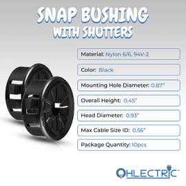 OhLectric Snap Bushing With Shutter - Plastic Snap Bushing for Hole with 0.87" Diameter - Universal Snap-in Bushing Holds Various Cables & Tubes, Ideal Grommet Protector - Black, Pack of 10 - OL-38325