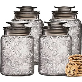 4pc Glass Canisters Set for Kitchen Counter with Airtight Lids – Vintage Retro Design - Pantry Organization Food Storage Containers for Cookies, Nut Bowl, Tea, Sugar, Candy Jars, Sugar Packet Holders.