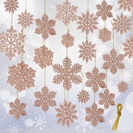 Crafare 48pcs Rose Gold Plastic Glitter Snowflakes Hanging Ornaments for Christmas Tree Indoor Winter Wonderland Decor