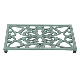 SUMTree Rectangle Cast Iron Trivet, Decorative Heavy Duty Hot Pot Holder Mat, Vintage Butterfly Pattern Cast Iron Trivet with Rubber Pegs for Kitchen Dining Table (Green)