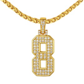FindChic Jersey Number 8 Pendant Necklace for Son Mens Bling Cubic Zirconia 18K Gold Plated Baseball Digit Numeral Sports Jewelry Gift with 24inch Chain