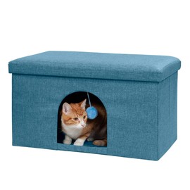 Furhaven Pet House for Cats and Small Dogs - Collapsible Living Room Ottoman Footstool Cat Cave Condo Storage, Ocean Blue, Large