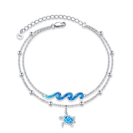 YFN Wave Turtle Anklet 925 Sterling Silver Wave Turtle Layered Anklet Ocean Wave Beads Ankle Bracelet Beach Jewelry for Women
